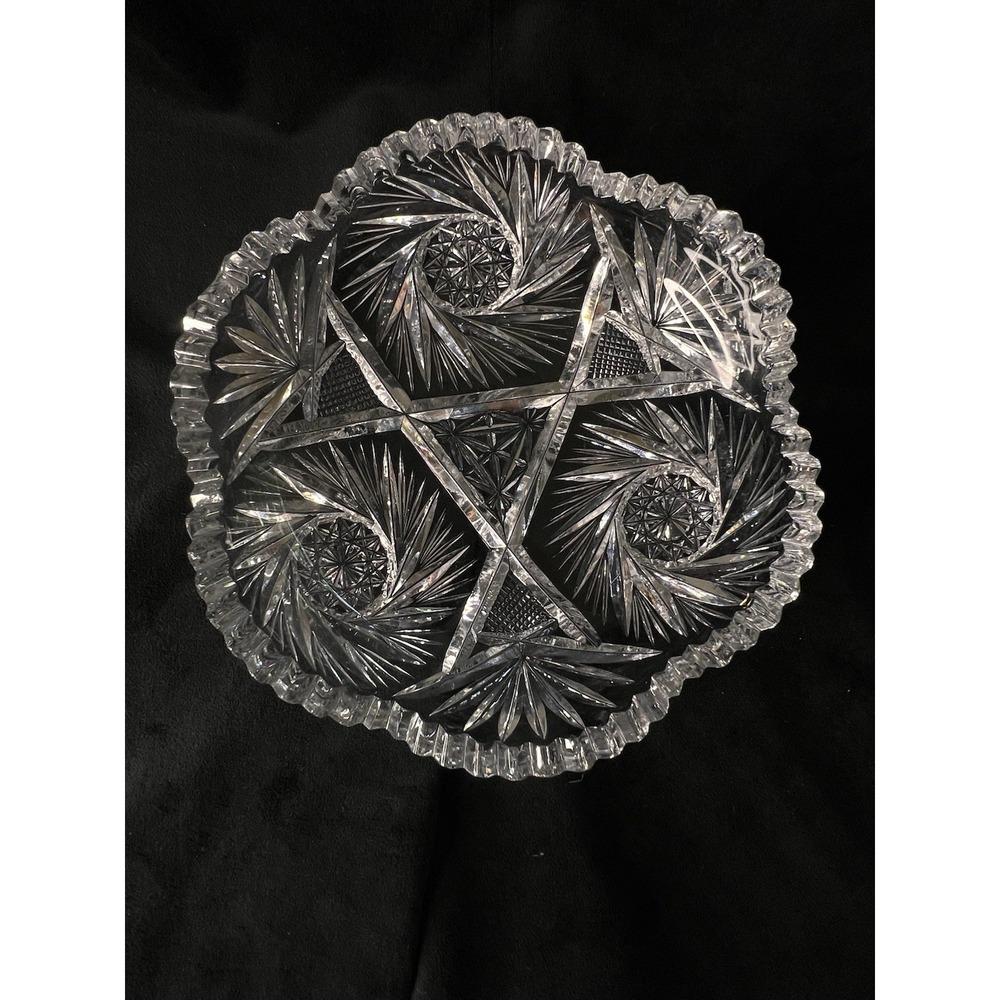 AMERICAN BRILLIANT SAW TOOTH RIM CUT CRYSTAL GLASS BOWL 8" ROUND‎ STAR DESIGN
